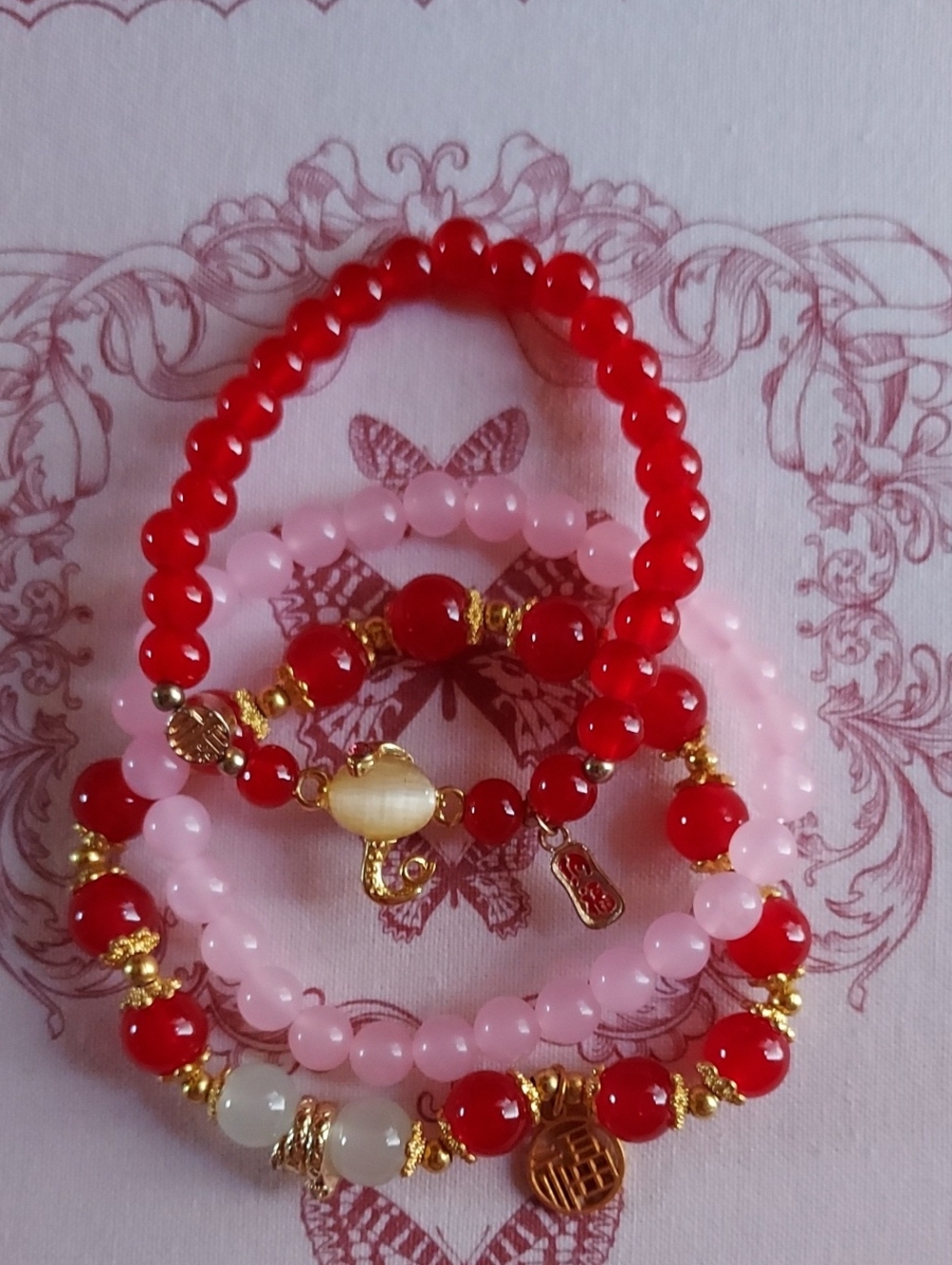 Women's Red & Pink Beaded Bracelet Set – Gold Accent